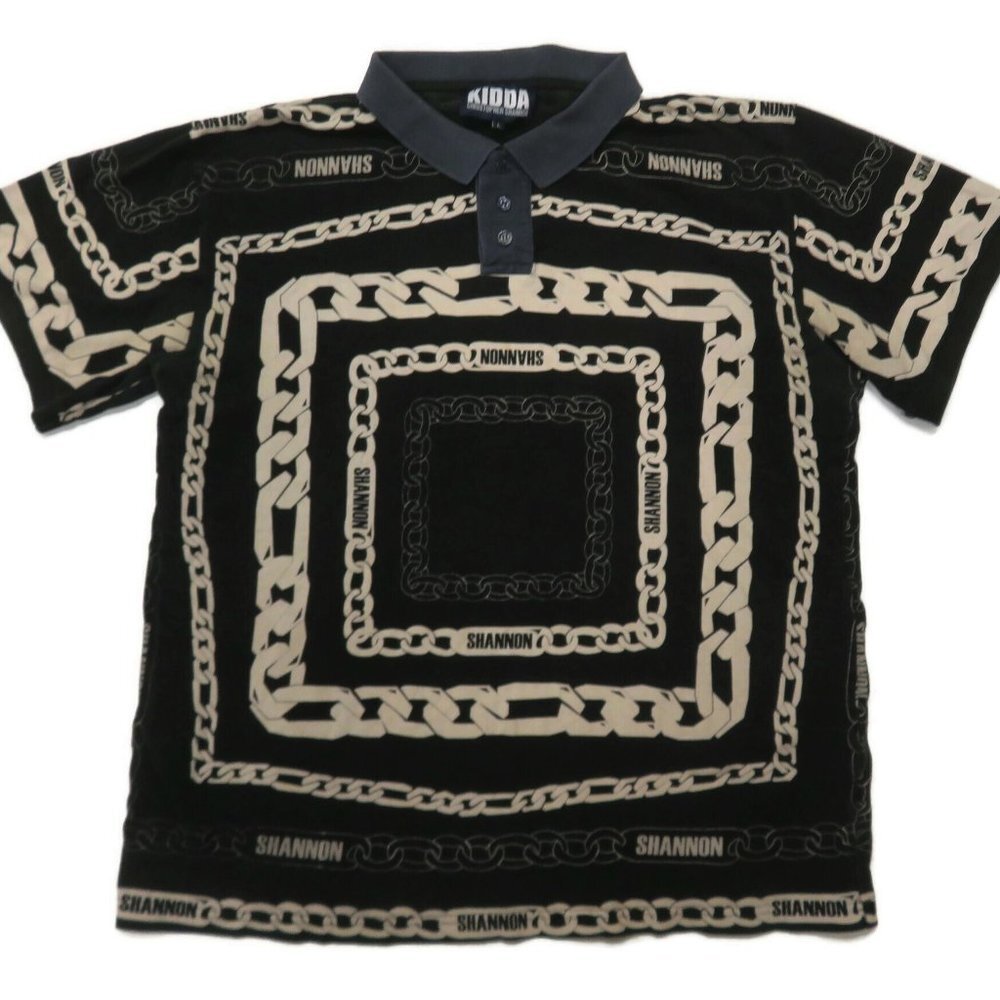 Kidda Christopher Shannon Polo Shirt Mens Large Black Chain Print Necklace S/S‎